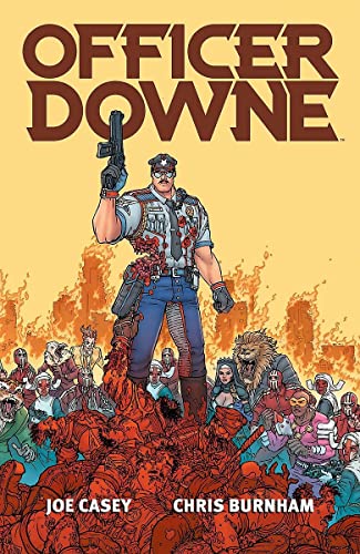 A comic book cover shows a wounded police officer standing over enemies in flames.