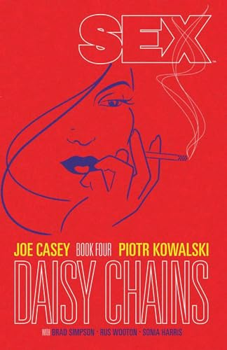 Red cover with blue line art of a woman smoking a cigarette.