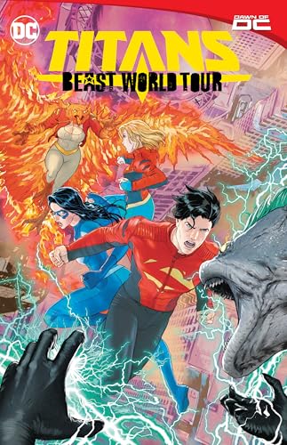 Comic book cover featuring the Titans battling monstrous creatures amidst chaos.