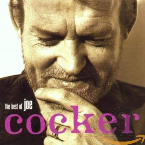 Close-up portrait of Joe Cocker, with pink text on a tan background.