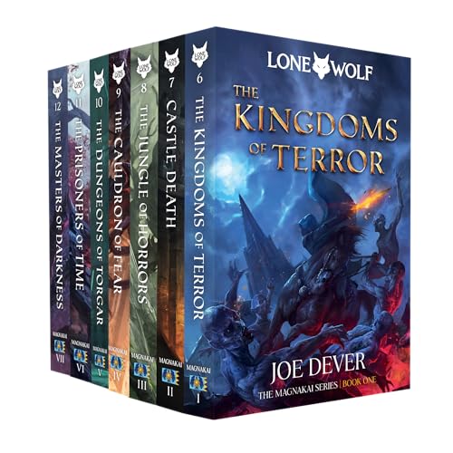 A boxed set of seven Lone Wolf fantasy gamebooks with illustrated covers.