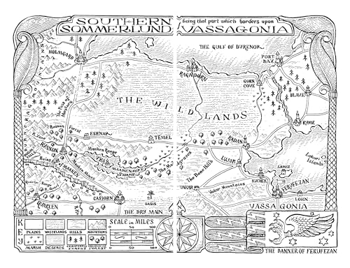 Black and white illustrated map of a fantasy world with mountains and coastlines.
