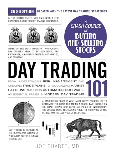 Book cover for Day Trading 101 featuring money bags, a globe, and a bull.