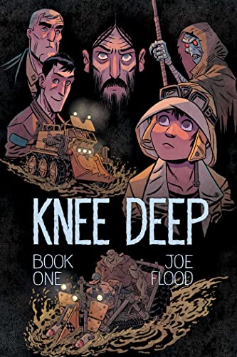 Knee Deep" book cover with diverse characters and futuristic vehicles.