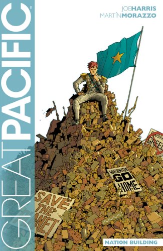 A person in military uniform sits atop a large pile of trash with a flag.