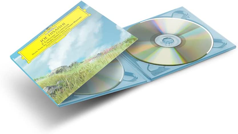Open double CD case for Joe Hisaishi's A Symphonic Celebration with two shiny discs.