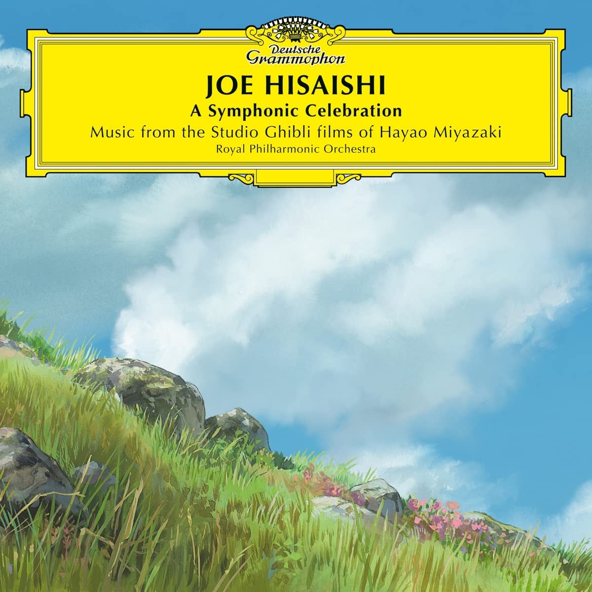 Joe Hisaishi album cover with a painted landscape and gold text.