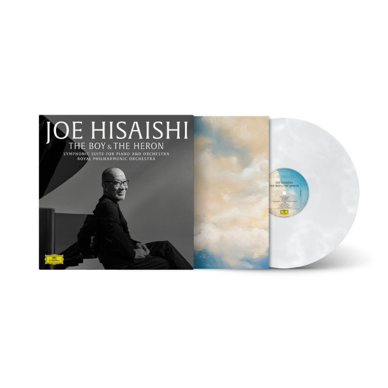 Joe Hisaishi's "The Boy and the Heron" vinyl record with composer portrait.