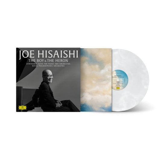 Joe Hisaishi's "The Boy and the Heron" vinyl record with composer portrait.