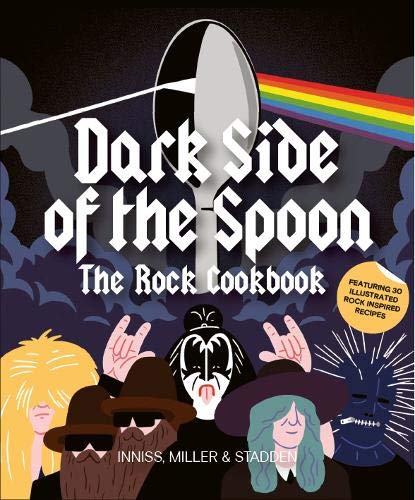 Cookbook cover with a spoon, rainbow, and cartoon rock musicians.