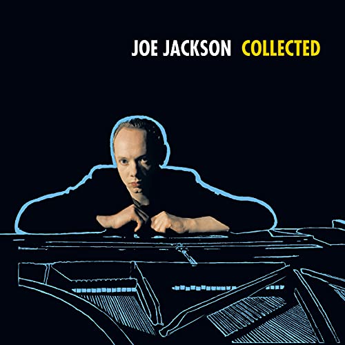 Joe Jackson leaning over a piano on a dark background with blue line art.