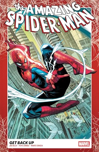 Spider-Man in red and blue suit dynamically poses against a city backdrop.