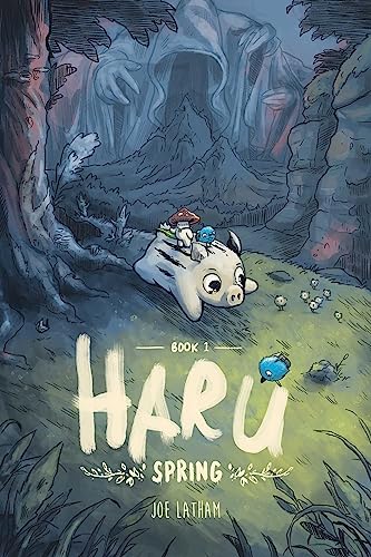 A small white creature carries a mushroom and blue bird through a misty forest.