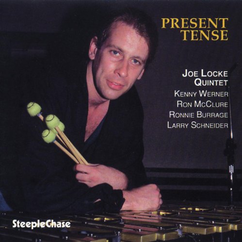 Man holding mallets, leaning on vibraphone, on a music album cover with text.