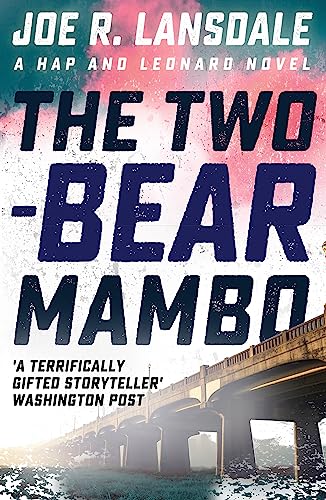 Book cover: "The Two-Bear Mambo" with a bridge and pink sky.