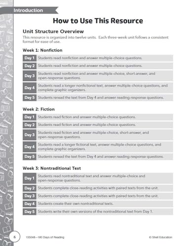 Sixth grade reading workbook page showing a week’s lesson structure with text prompts.