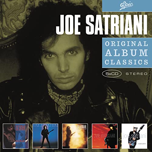 Joe Satriani album cover featuring his portrait and smaller album images.