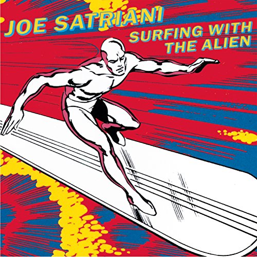 Comic book style illustration of Silver Surfer on a board against red and blue.