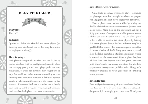 Open book page displaying darts game rules with target board illustrations.