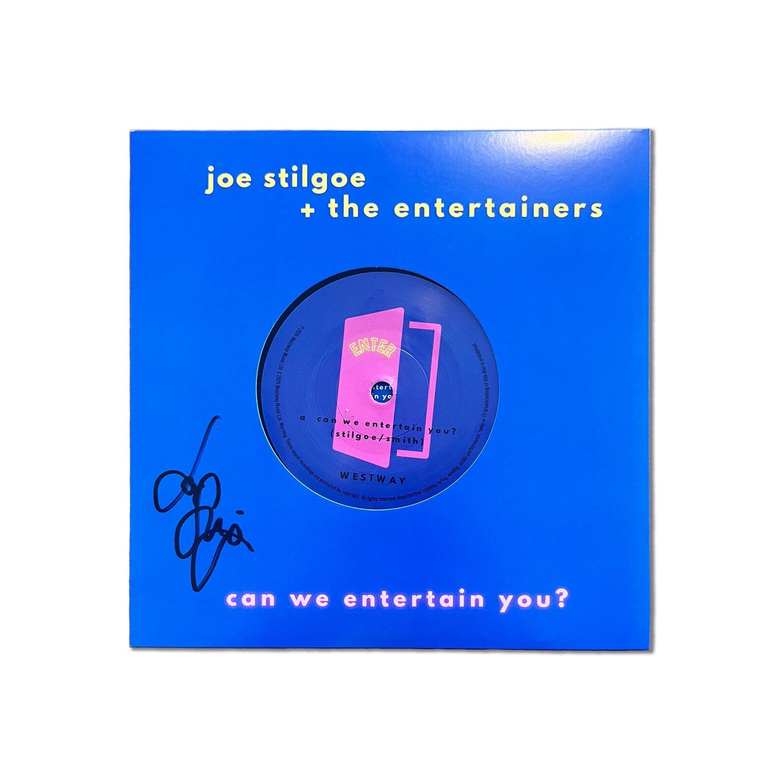Blue vinyl record sleeve with text and a circular design, signed in silver.