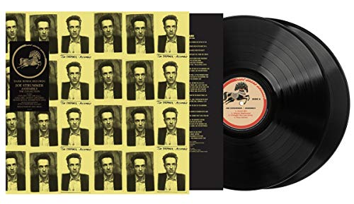 Grid of repeated black and white portrait photos of Joe Strummer in a suit.