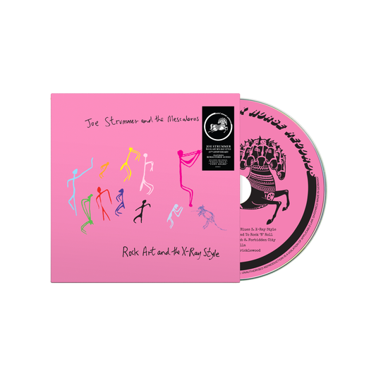 Pink CD cover with colorful stick figures and text: "Joe Strummer.