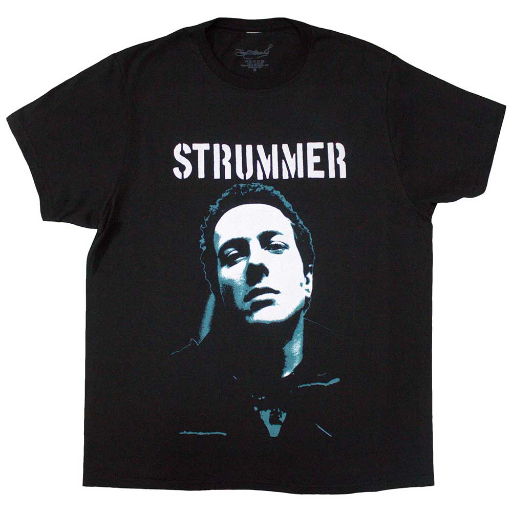 Black unisex t-shirt featuring a graphic print of Joe Strummer on the front.