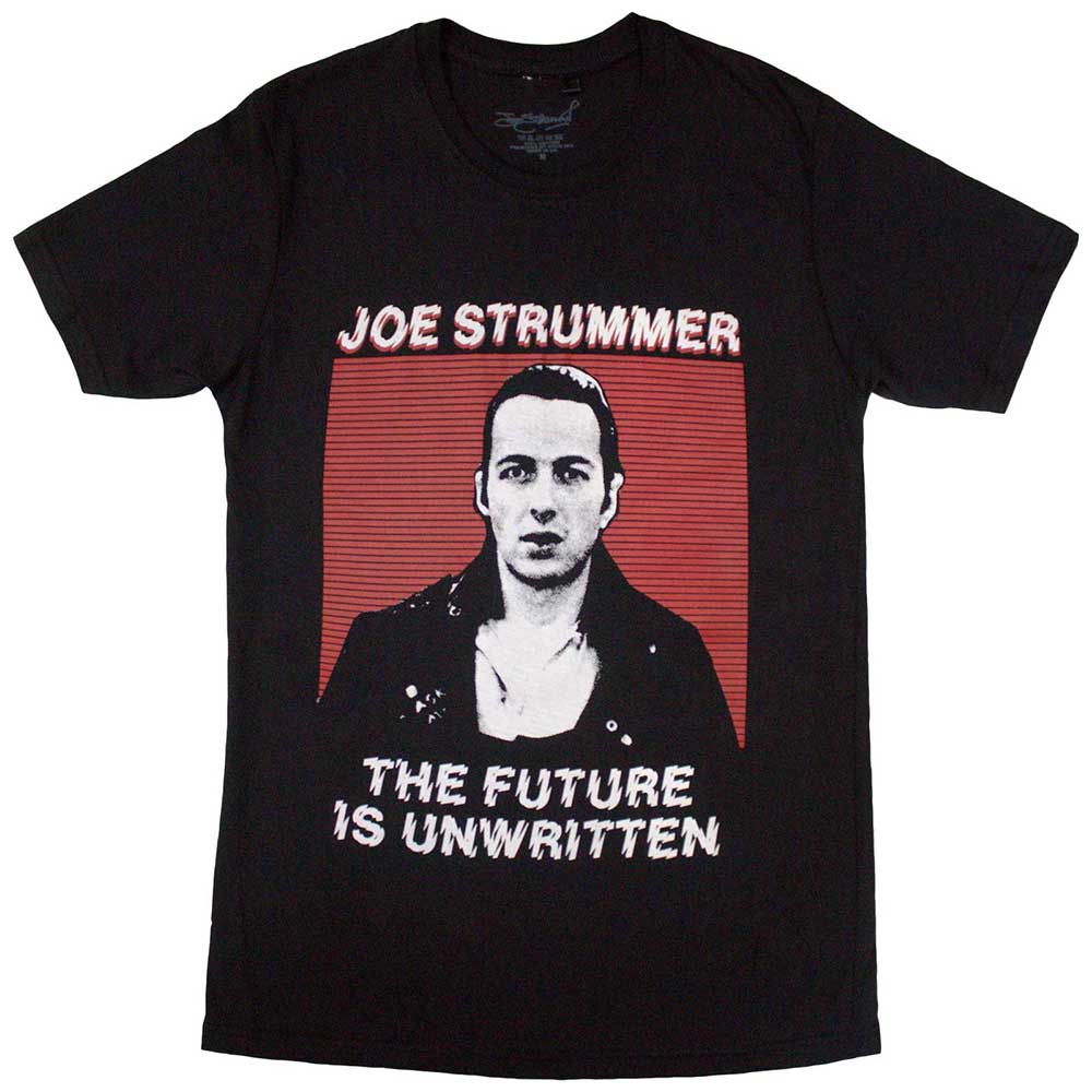 Black t-shirt with white text: “The Future Is Unwritten”, Joe Strummer tribute.