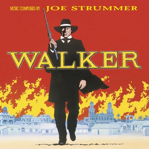Joe Strummer's "Walker" CD cover: man with gun, red background, city skyline.