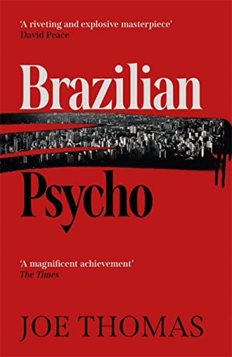 Red book cover with white text “Brazilian Psycho” and a city skyline.