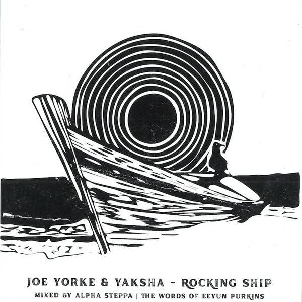 Black and white woodcut illustration of a boat and sun with text below.
