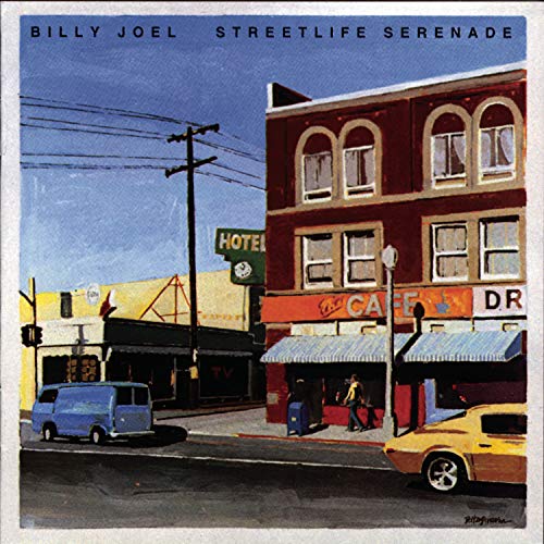 Billy Joel album cover: painted street scene with a hotel and cafe.