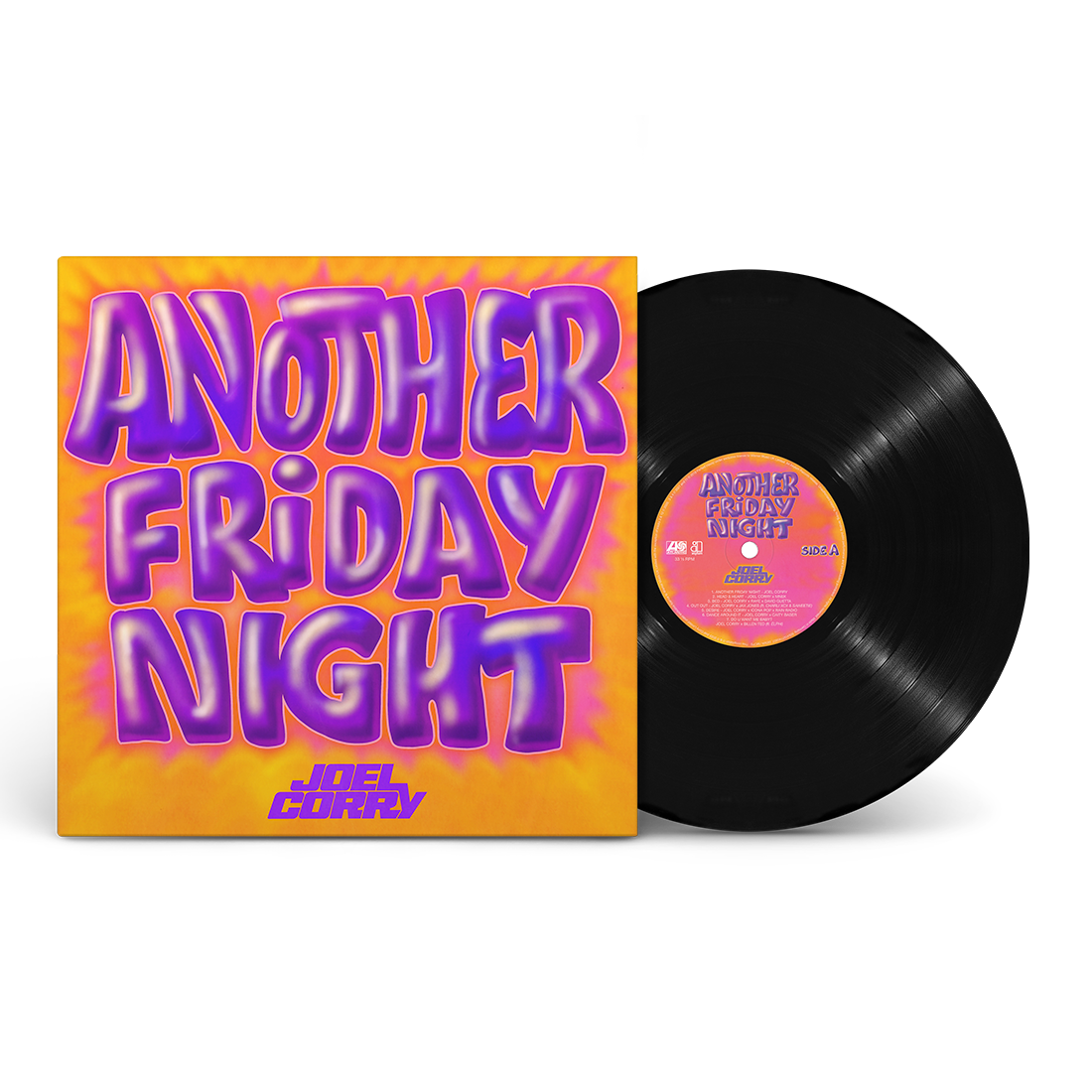 Joel Corry's "Another Friday Night" vinyl record with bright orange cover.