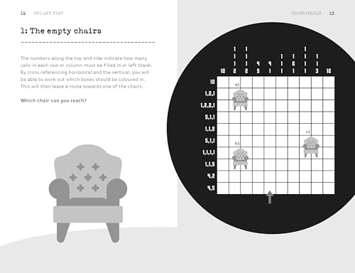 Open book page with a grid puzzle, chair illustration, and instructions.