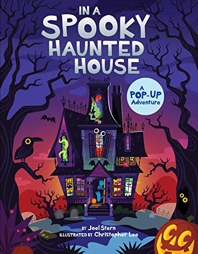 Haunted house with spooky details, a crow, and a full moon backdrop.