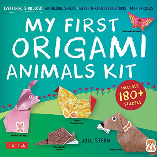Origami animal kit cover with folded paper pig, chicken, mouse, and dog.