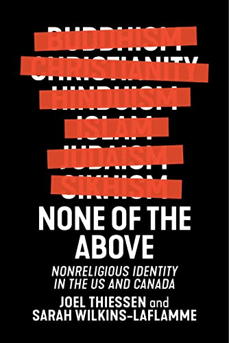 Book cover: "None of the Above" with red-striped religious terms above.