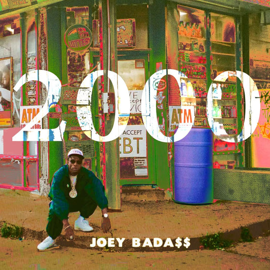 CD cover for Joey Bada$$’s “2000” featuring a street scene and artist portrait.