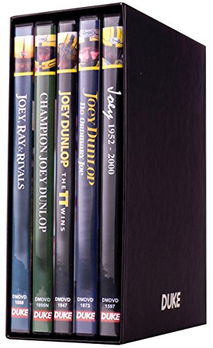 Black DVD box set featuring motorcycle racer Joey Dunlop’s titles and image.