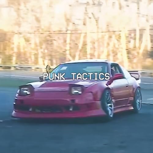 Red sports car with "PUNK TACTICS" text overlay, blurred background.