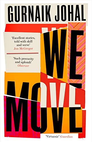 Book cover: "We Move" by Gurnaik Johal, abstract red and white design.