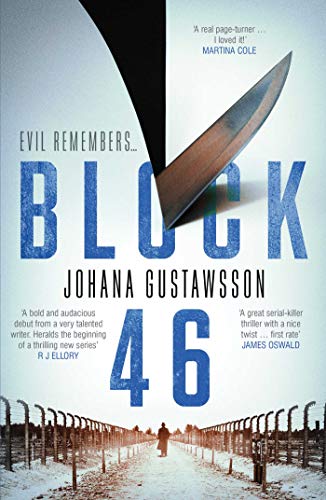 Book cover: "Block 46" by Johanna Gustavsson, featuring a knife and barbed wire.