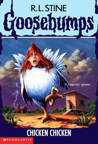 Book cover for Goosebumps: Chicken Chicken featuring a woman's head onCB on a chicken.