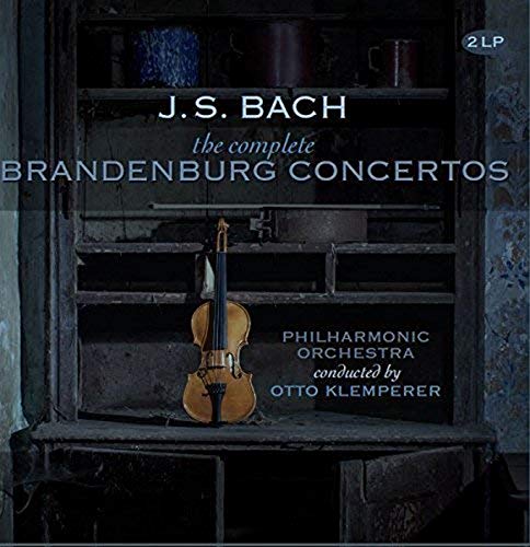 Bach’s Brandenburg Concertos vinyl record cover with violin and bookshelf.