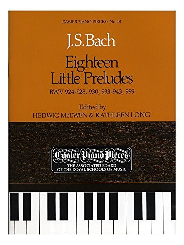 Sheet music cover for J.S. Bach’s “Eighteen Little Preludes” with piano keys.