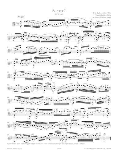 Sheet music for viola, displaying musical notation of Bach’s Sonata I.