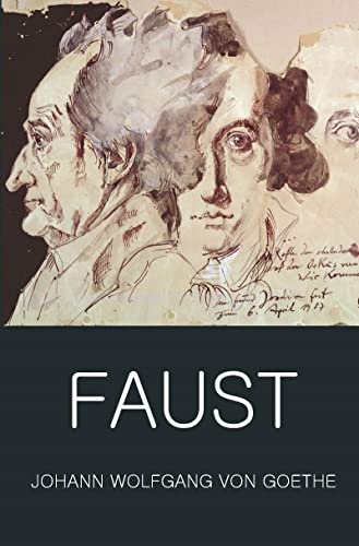 Book cover for Goethe’s “Faust” featuring sketched portraits and bold title.