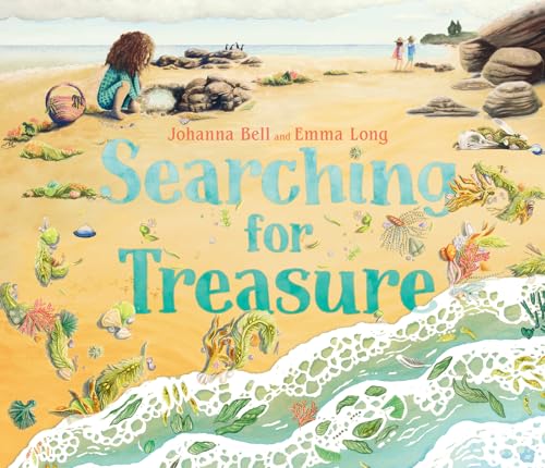 Children searching a sandy beach for shells and treasures.