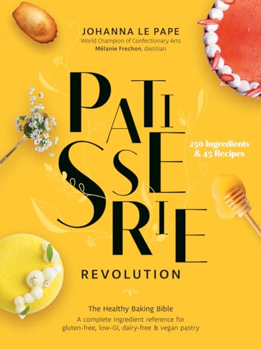 Yellow cookbook cover with pastries, honey, and floral decorations.