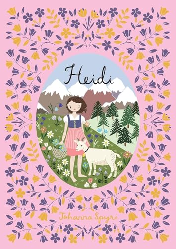 Book cover of “Heidi” featuring a girl with a goat in a mountain landscape.